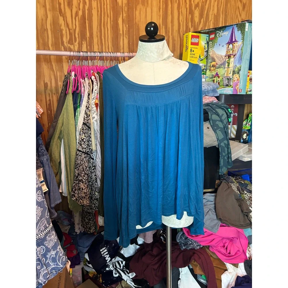 We The Free Free People Teal Blue Ribbed Knit Long Sleeve Tunic Top Boho S
